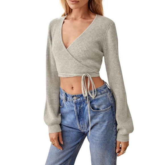 Reformation Remus Cashmere Light Grey Wrap Crop Ribbed Sweater Size Large NWT - Picture 1 of 15